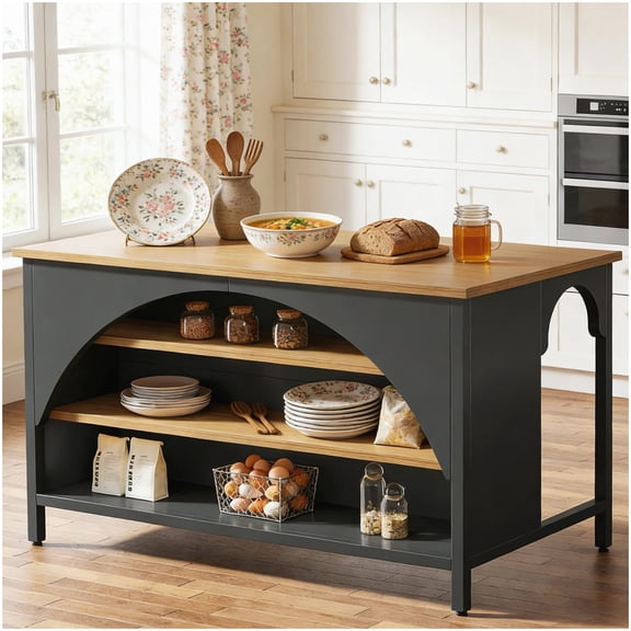 Rustic Kitchen Island Table with 3-Tier Storage, Black and Brown Bistro Counter