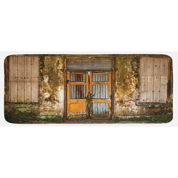Rustic Kitchen Mat, Damaged Shabby House Boarded up and Rusty Doors Moldy Windows Photography, Plush Decorative Kitchen Mat with Non Slip Backing, 47" X 19", Multicolor, by Ambesonne