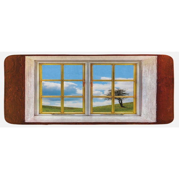Rustic Kitchen Mat, Meadow Grass with Tree Through Window Countryside Rural Cottage Flourishing Image, Plush Decorative Kitchen Mat with Non Slip Backing, 47" X 19", Multicolor, by Ambesonne