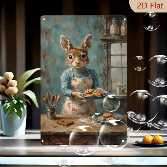 Rustic Kitchen Rabbit Baking Cookies Art, 8x12 Inches Metal Wall Decor, Cozy Blue Walls Floral Apron Chocolate Chip Treats Homey Atmosphere