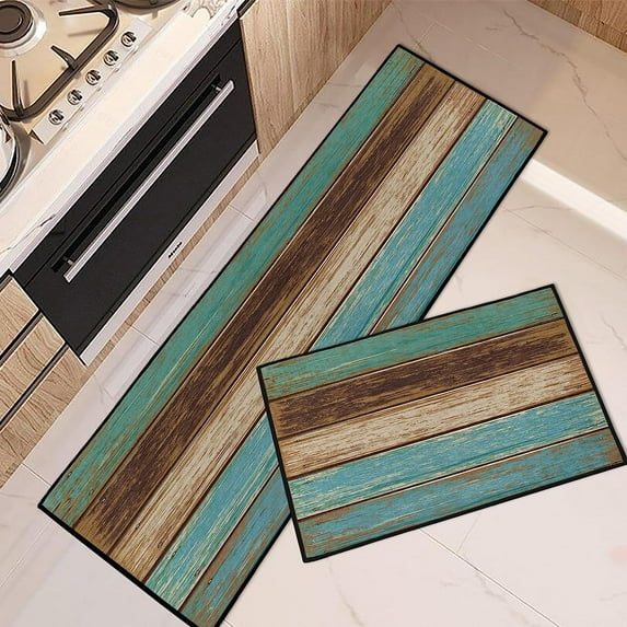 Rustic Kitchen Rugs and Mats Non Skid Washable Set of 2, Teal Country Wood Board Kitchen Runner Rug, Turquoise Brown Stripes Wooden Plank Texture Under Sink Mats for Kitchen Floor Decor