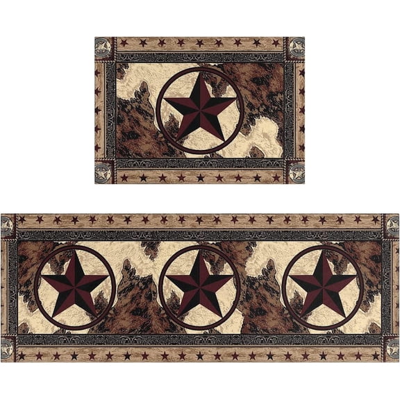 Rustic Kitchen Rugs and Mats Sets of 2,Western Texas Star Kitchen Decoration Non-Slip Absorbent Kitchen Mat for Sink Waterproof Floor Mat for Laundry Room,17x24+17x48inch