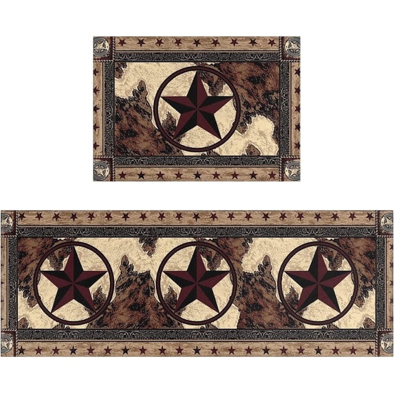 Rustic Kitchen Rugs and Mats Sets of 2,Western Texas Star Kitchen Decoration Non-Slip Absorbent Kitchen Mat for Sink Waterproof Floor Mat for Laundry Room,17x24+17x48inch