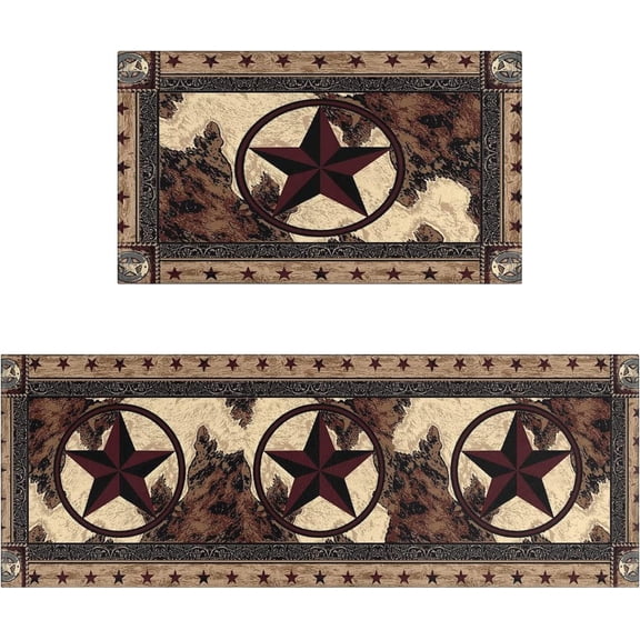 Rustic Kitchen Rugs and Mats Sets of 2,Western Texas Star Kitchen Decoration Non-Slip Absorbent Kitchen Mat for Sink Waterproof Floor Mat for Laundry Room,17x30+17x48inch