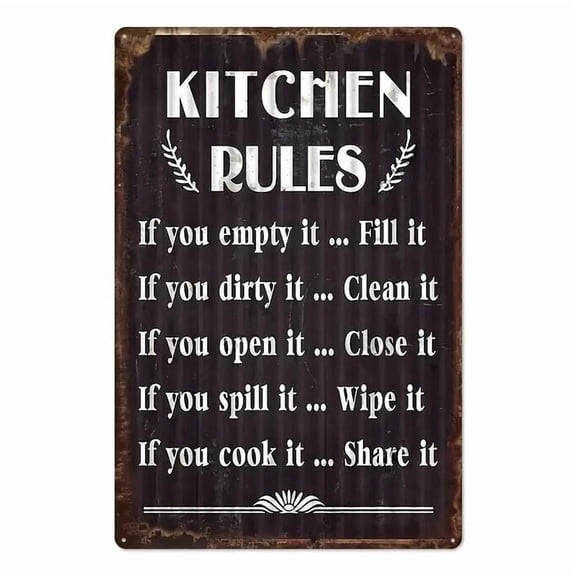 Rustic Kitchen Rules Aluminum Metal Sign 8x12 in - Vintage Funny House Rules Wall Decor, Black Country Style Scripture Plaque for Kitchen Dining Room Cafe