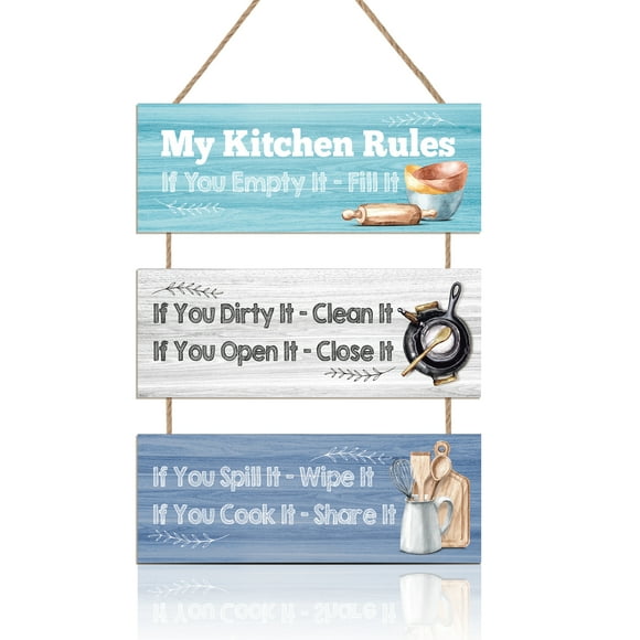 Rustic Kitchen Rules Wall Decor,Farmhouse Kitchen Wooden Plaque,Retro Kitchen Rules Wood Sign For Dining Room,Restaurant,Farmhouse Decor,4.5 x 12 Inch x 3 PCS