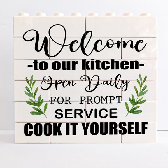 Rustic Kitchen Sign Decor,Welcome To Our Kitchen Open Daily Signs,Farmhouse Kitchen Building Bricks Blocks Puzzles Decor For Kitchen Shelf Counter Desk Table Decor