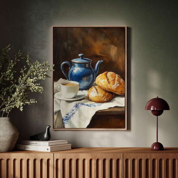 Rustic Kitchen Still Life – Blue Teapot, Artisan Bread & Coffee Cup Wall Art For Farmhouse Or Cottagecore Kitchen Decor Wall Art, Modern Wall Decor, 12x18 UNFRAMED