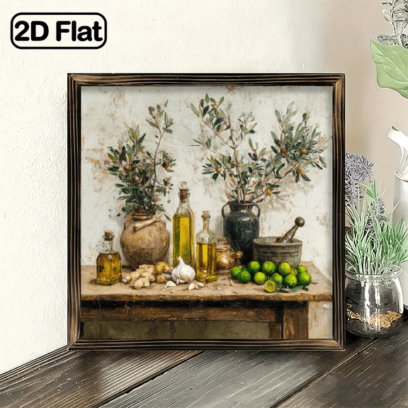 Rustic Kitchen Still Life Wall Art, Mediterranean Olive Oil Ginger Decor for Dining Room Cafe Restaurant, Ideal Gift for Foodies Home Chefs New Homeowners Family Friends, 8x8 Inch Decor