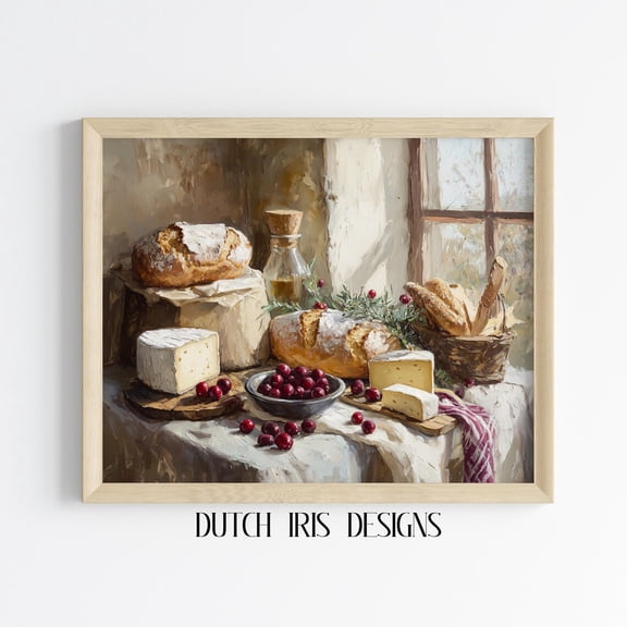 Rustic Kitchen Tablestill Life, Winter Wall Art, Vintage Bread And Cheese Decor, Cozy Cottagecore Scene, Art Print 13 Home Decor #1494, Unframed Poster Size 8x12