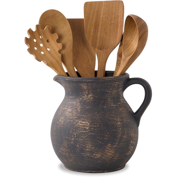 Rustic Kitchen Utensil Holder - 7.6 Inch Ceramic Utensil Crock for Countertop, Vintage Kitchen Counter Decor