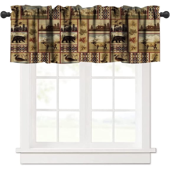 Rustic Kitchen Valances for Windows,Retro Farmhouse Vintage Country Cabin Moose Deer Bear Duck Tree Elk Rod Pocket Valance Curtain for Restaurant Living Room Bedroom Cafe Decor 54"x18" 1P
