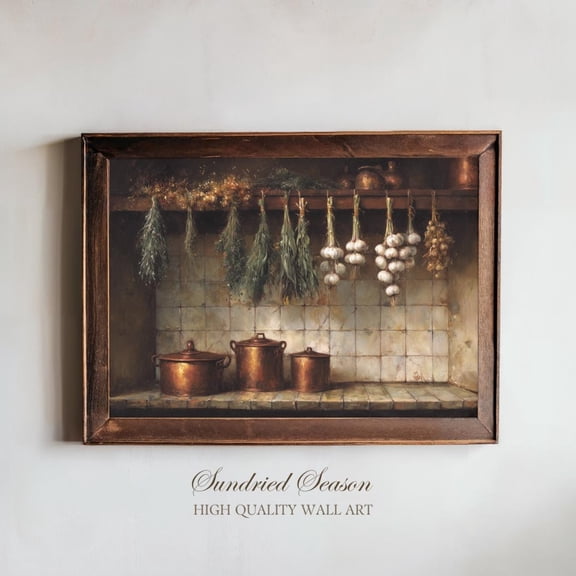 Rustic Kitchen Wall Art Copper Pots Hanging Herbs Vintage Farmhouse Decor, Stretched Canvas 8x10in