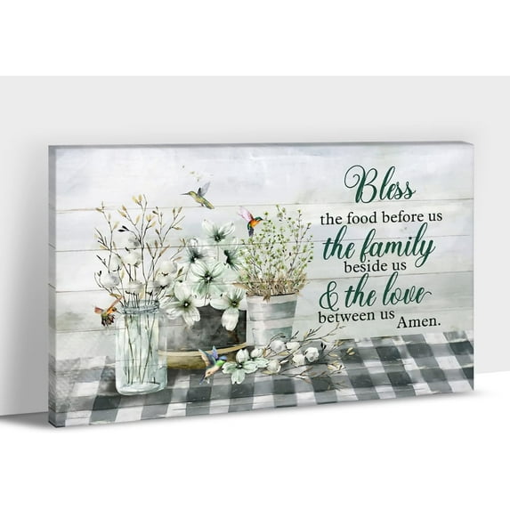 Farmhouse Kitchen Wall Art, Rustic Kitchen Canvas Prints Wall Art, Hummingbird & Flower Pictures, Framed Blessed Quotes Painting, Vintage Country Home Kitchen Wall Decorations Artwork 12x18 Inches