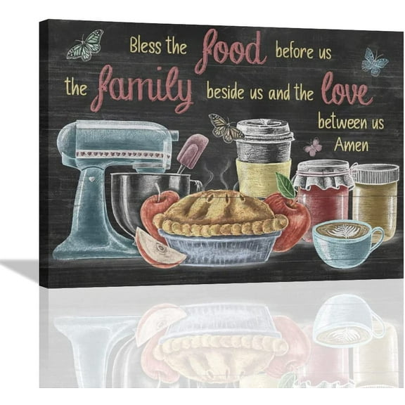 Rustic Kitchen Wall Art Farmhouse Kitchen Pictures Wall Decor Tableware Christian Blessed Quotes Dining Room Canvas Painting Framed Artwork for Kitchen Restaurant Dining Room 12"x16"