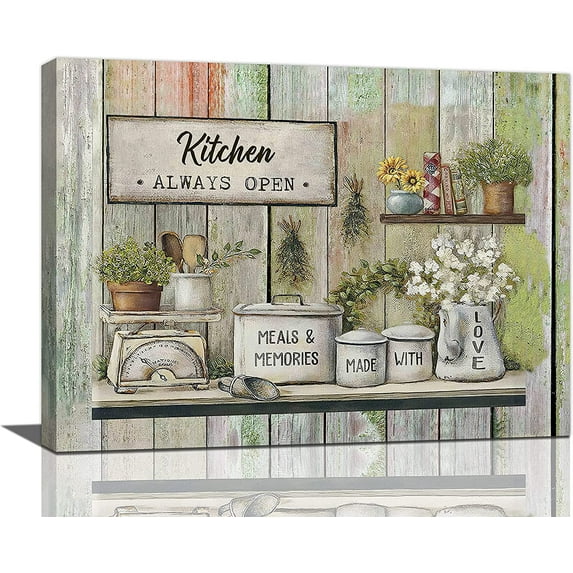 Rustic Kitchen Wall Art Farmhouse Kitchen Pictures Wall Decor Tableware Motivational Canvas Painting Farm Kitchen Sign Framed Artwork for Kitchen Dining Room 12"x16"