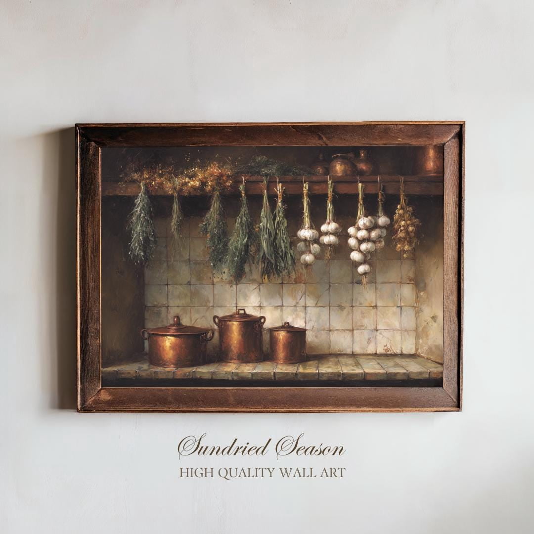 Rustic Kitchen Wall Art Print, Copper Pots And Hanging Dried Herbs ...