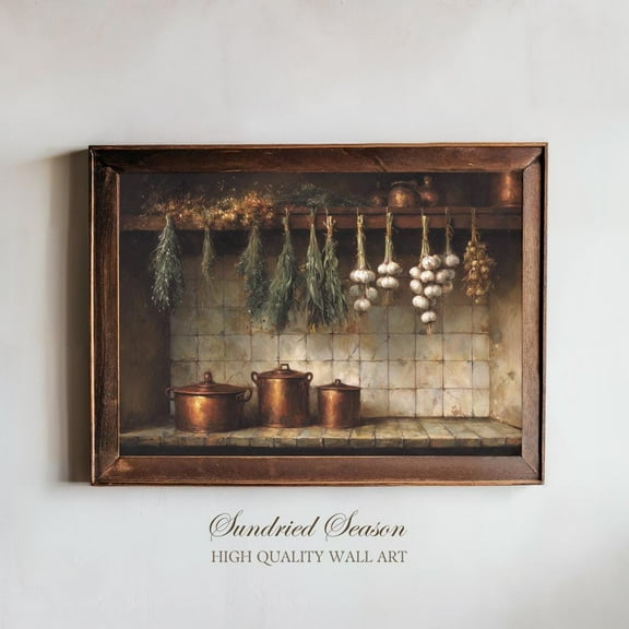 Rustic Kitchen Wall Art Print, Copper Pots And Hanging Dried Herbs , Vintage Farmhouse Decor For Kitchen Or For Home Cooks UNFRAMED Poster, Wall Art for Decor, Present, 8x12