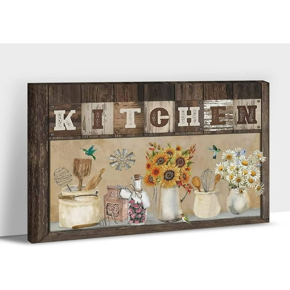 Rustic Kitchen Pictures Wall Decor - Farmhouse Wall Art Kitchen Tableware Canvas Prints for Dining Room Decor, Vintage Kitchen Flowers Painting Framed Artwork for Country Home Wall Decor 12x18 Inches