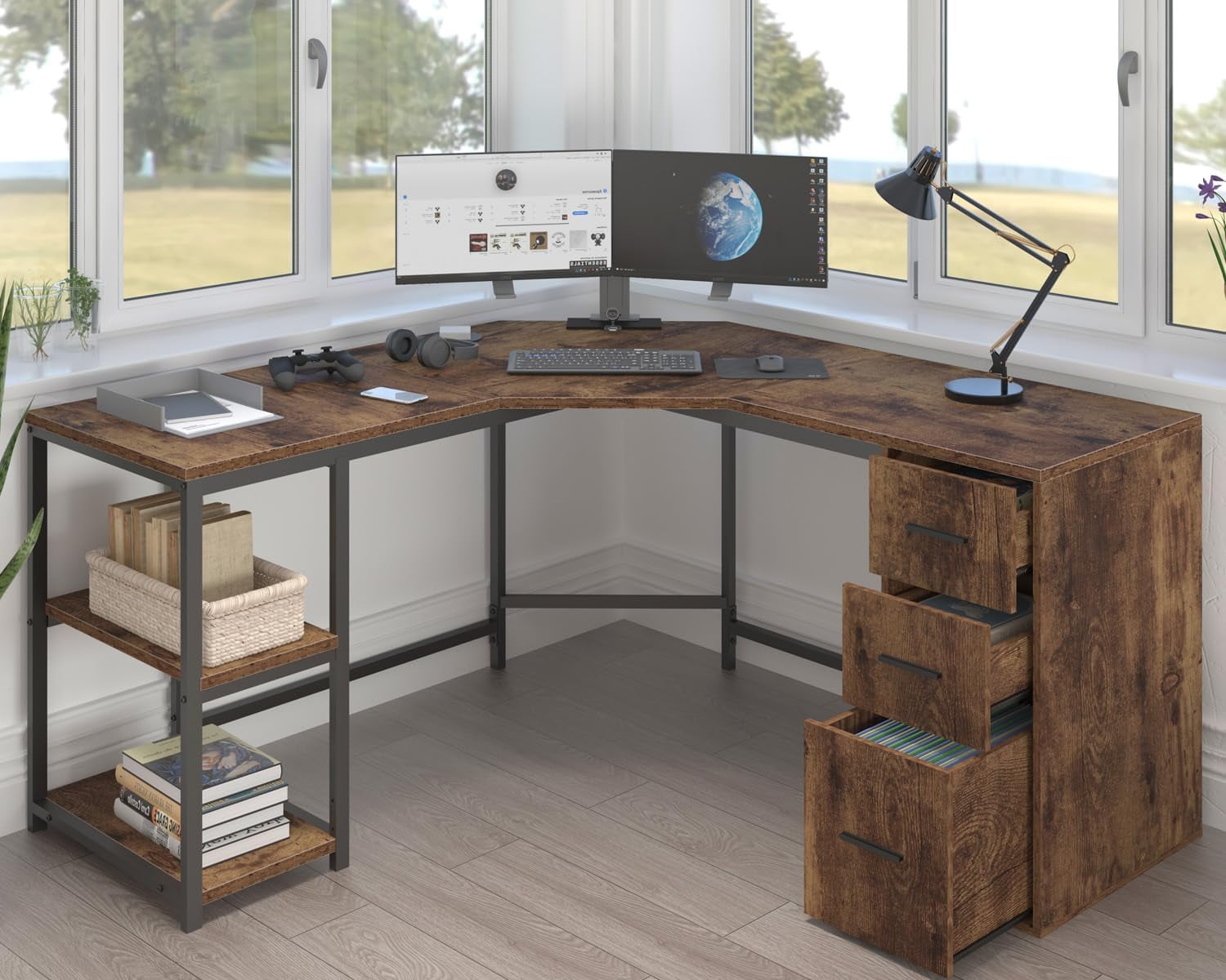 Rustic L Shape Computer with File Cabinet Reversible Corner L-Shaped ...