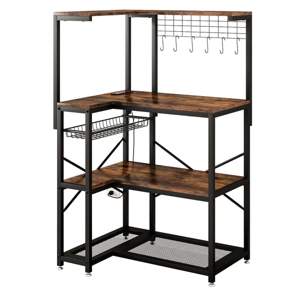 Rustic L-Shaped Bakers Rack with Power Outlet, 4-Tier Corner Shelf, 6