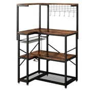 Rustic L-Shaped Bakers Rack with Power Outlet, 4-Tier Corner Shelf, 6