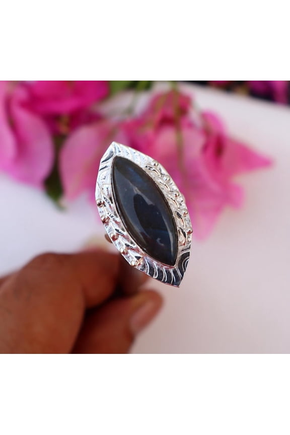Rustic Labradorite Ring Silver Plated Brass Boho Jewelry, Handmade Healing Crystal Ring US"