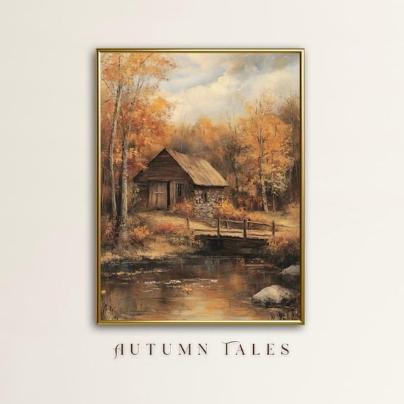 Rustic Lake House French Cottage Fall Wall Art Print Vintage Autumn Countryside Barn Cozy Farmhouse Decor Forest Landscape Art