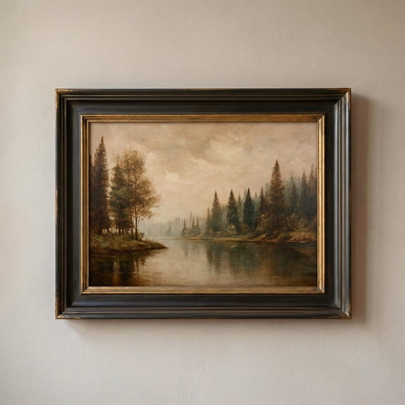 Rustic Lake Landscape Wall Art Print With Vintage Forest Reflection And Moody Farmhouse Decor Unframed Paper Print