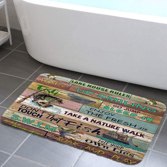 Rustic Lake Rules Bath Rugs for Bathroom, Nautical Cabin Lakehouse Farm Country Life Fishing Bathroom Rug Bath Mat Set Floor Mats, Farmhouse Camper RV Doormat Bathroom Accessories, 17X29in