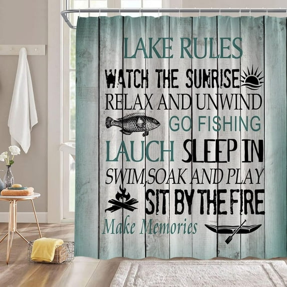 Rustic Lake Rules Shower Curtain Farmhouse Gray Blue Vintage Barn Door Wooden Inspirational Quotes Cabin Lodge Camping Retro Bathroom Decor Fabric Curtain with Hooks