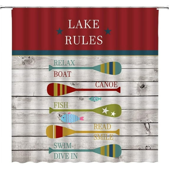 Rustic Lake Rules Shower Curtain Farmhouse Gray Vintage Barn Door Wooden Inspirational Quotes Cabin Lodge Camping Retro Bathroom Decor Fabric Curtain with Hooks