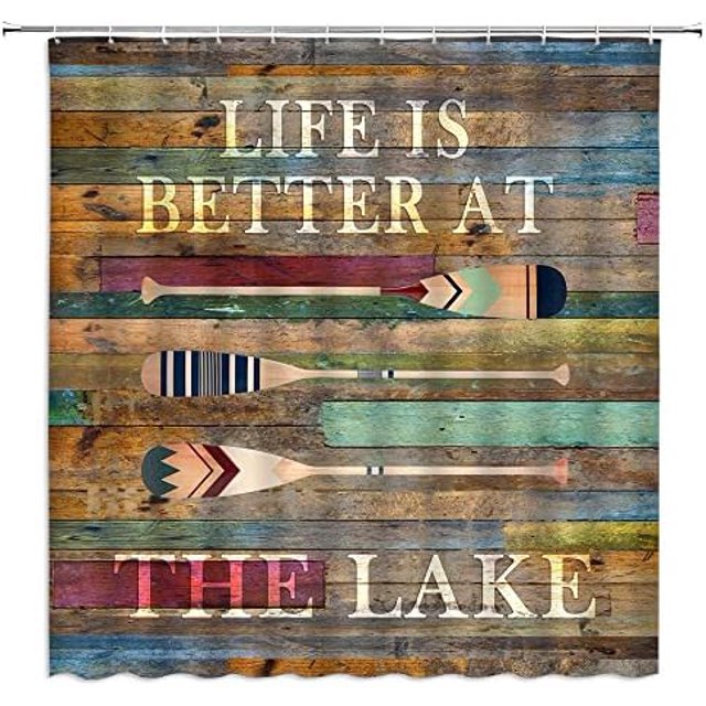 Rustic Lake Rules Shower Curtain Inspirational Quotes Vintage Wooden