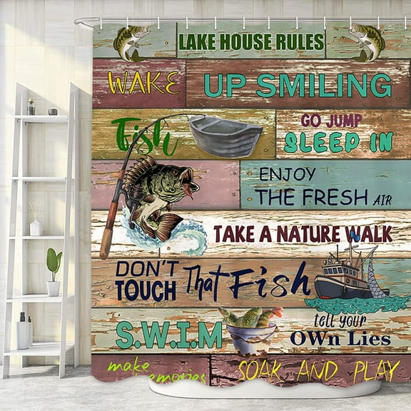 Rustic Lake Rules Shower Curtains, Nautical Cabin Lakehouse Farm Country Life Fishing Bathroom Shower Curtain Wooden Board Wood Bath Curtain, Farmhouse Camper RV Shower Curtain with Hooks, 72X72in