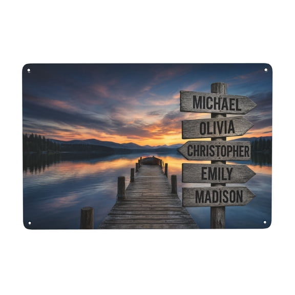Rustic Lake Sunset Metal Wall Decor Sign 8x12 Inch - Personalized Dock Scene with Names - Vintage Style Iron Plaque for Home, Cabin, or Lodge - Indoor Outdoor Easy Hanging Decor