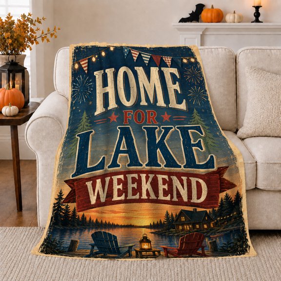 Rustic Lake Weekend Cabin Sunset, Peaceful Mountain Lake Scene, Warm Flannel Blanket for Cabin and Lodge with Detailed Artwork, Outdoor Lovers Camping Gift, Rustic Home Decor