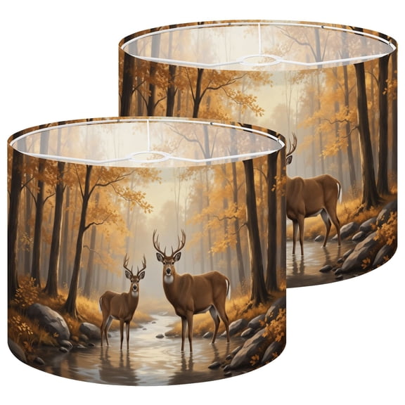 Rustic Lamp Shades Set of 2 Autumn Forest Deer Tranquil Stream 13" x 13" x 10" Lampshade for Table Lamps Floor Lamps Lamp Shade Replacement Easy Assembly Required
