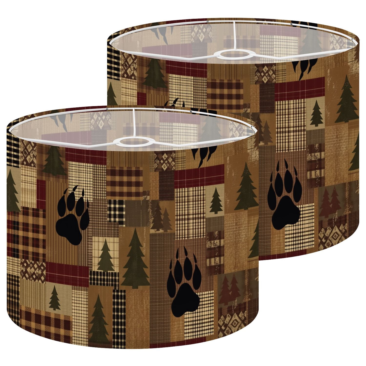 Rustic Lamp Shades Set of 2 Rustic Woodland Patchwork Bears Pine Trees Plaid Earth Tones 13" x 13" x 10" Lampshade for Table Lamps Floor Lamps Lamp Shade Replacement Easy Assembly Required