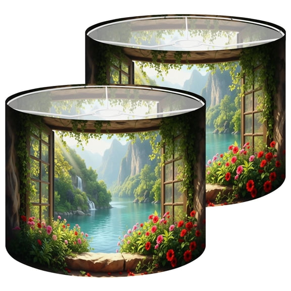 Rustic Lamp Shades Set of 2 Serene Mountain Lake View Window Greenery Waterfall 13" x 13" x 10" Lampshade for Table Lamps Floor Lamps Lamp Shade Replacement Easy Assembly Required