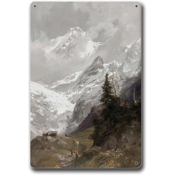 Rustic Landscape Cabin Wall Art Metal Tin Sign, 8 x 12 Inch, Alpine Gable Style Decor