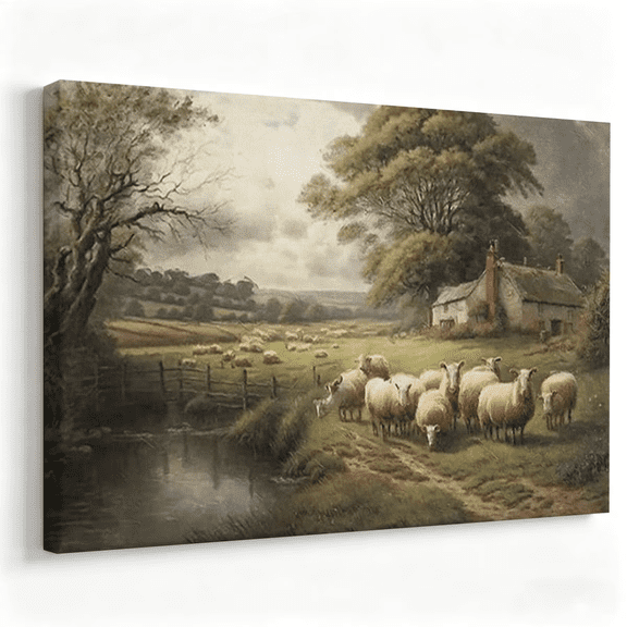 Rustic Landscape Canvas Wall Art Grazing Sheep and Cottage by Stream Oil Painting Print 12×8