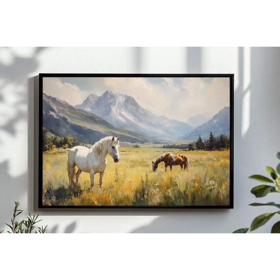 Rustic Landscape Wild Horses In Field Western American Country Vintage Equine Picture