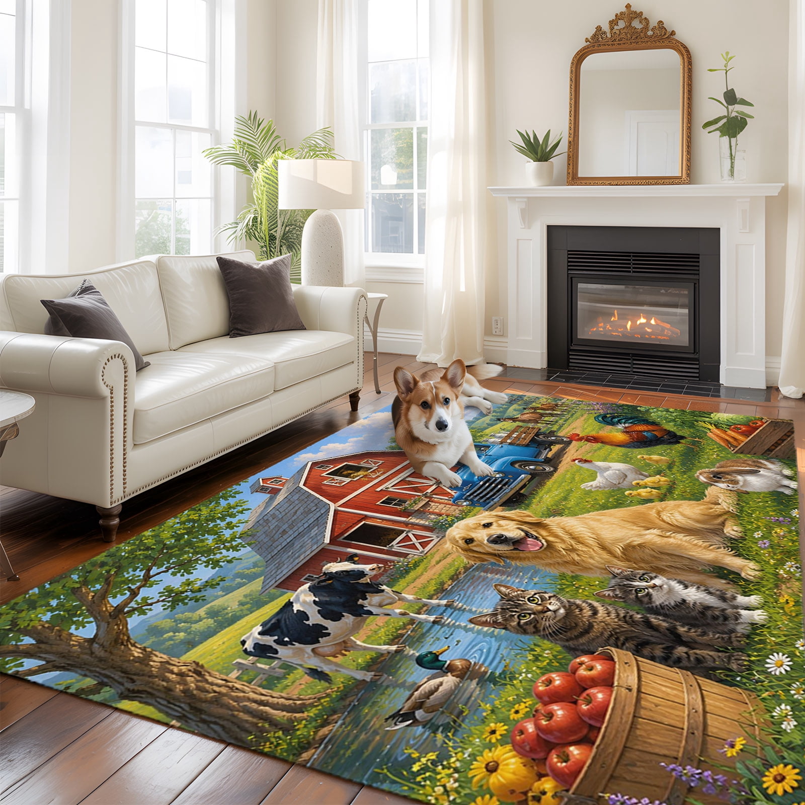 Rustic Large Area Rugs 8x10ft Countryside Red Barn Truck Dog Cat ...