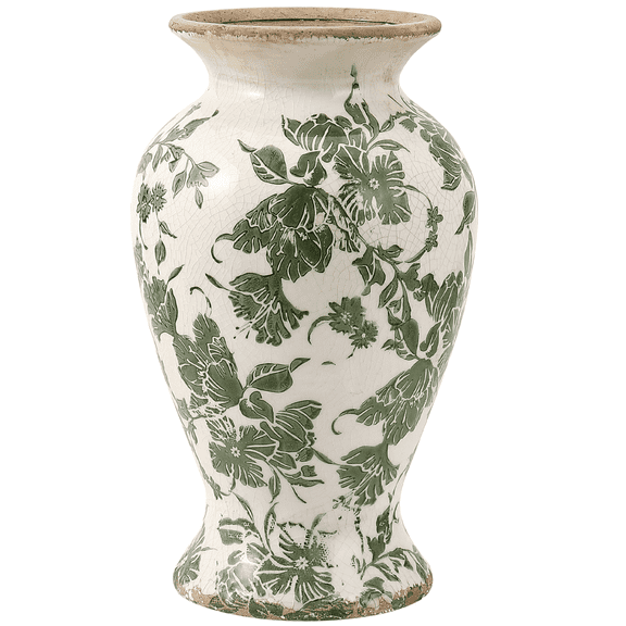 Rustic Large Ceramic Vase - Green Floral Chinoiserie Vintage Vase for Home Decor, Big Floor Vase for Living Room, Office, Shelf Display, Tuscan Farmhouse Centerpiece