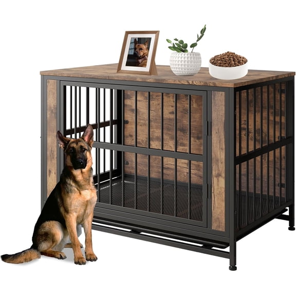 Rustic Large Dog Cage Furniture, Brown Wooden Dog Crate Kennel Furniture, Decorative Dog House Indoor End Table for Small Medium Large Dog