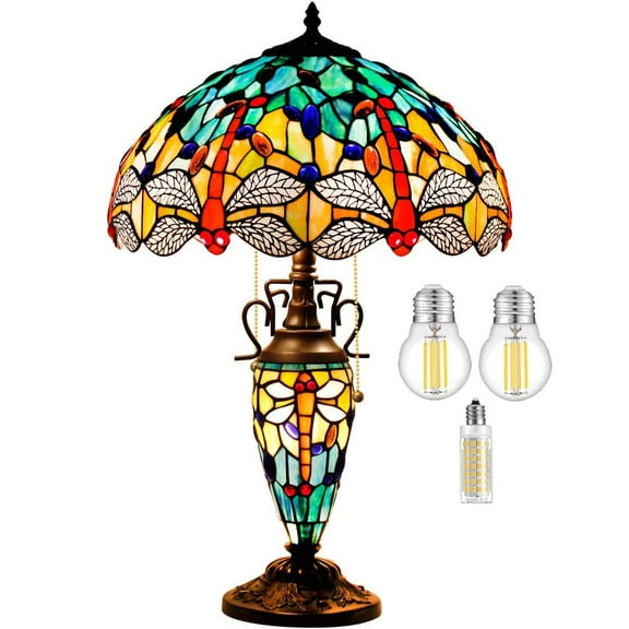 Rustic Large Tiffany Table Lamp with Nightlight 24"Tall Sea Blue Yellow Stained Glass Dragonfly Lamp Vintage Base Living Room Bedroom Bedside Nightstand Home Office Family WERFACTORY Led Bulb Included