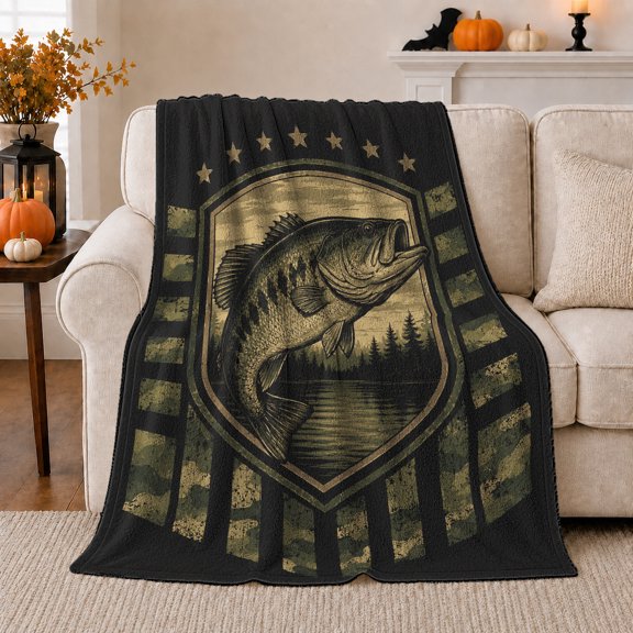 Rustic Largemouth Bass Lake Scene Pine Trees Vintage, Peaceful Mountain Lake Scene, Warm Flannel Blanket for Cabin and Lodge, Outdoor Lovers Christmas Gift, Festive Home Decor