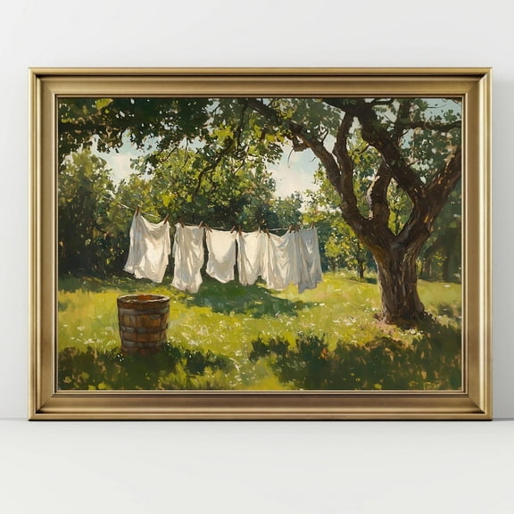 Rustic Laundry Day Wall Art, Vintage Countryside Clothesline Print, Farmhouse Summer Decor, Peaceful Country Life Artwork Wall Art, Modern Wall Decor, 16x24 UNFRAMED