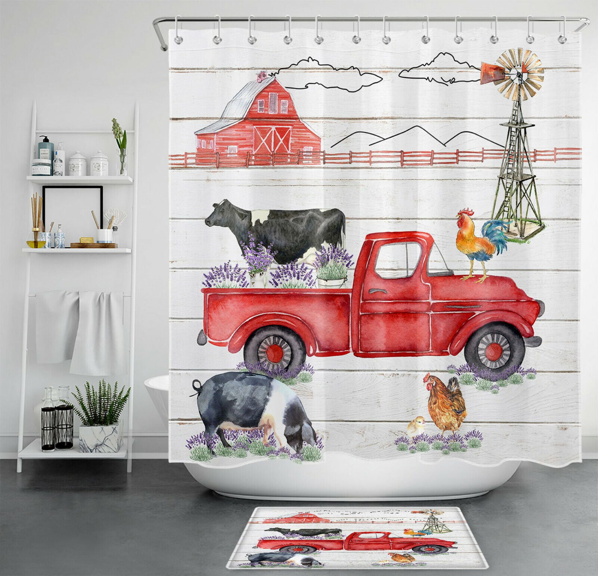 Rustic Lavender Farmhouse Animals Shower Curtain Vintage Truck