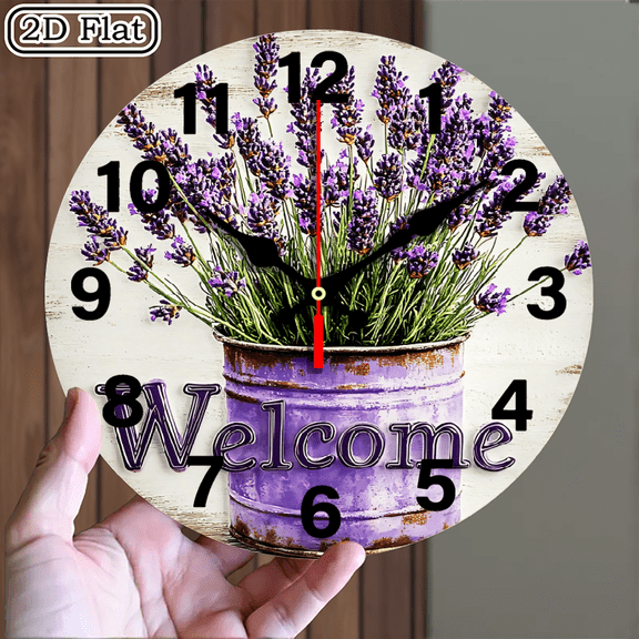 Rustic Lavender Floral Wall Clock, Farmhouse Purple Metal Bucket Print, Round 10x10 Inch Decorative Welcome Sign for Home Decor, 1pc, Battery Not Included
